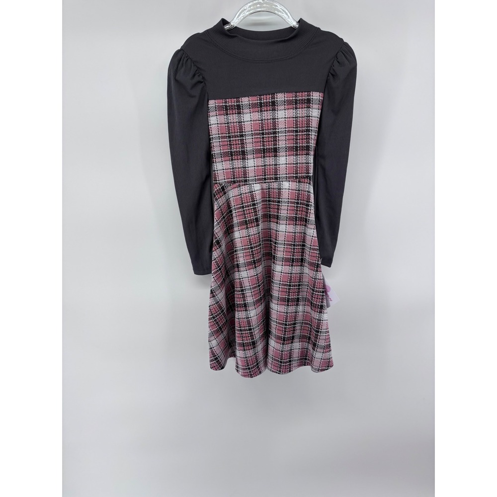 Plaid Dress Gray Mock Neck Long Sleeve Puff Sleeve Tie Back Cute